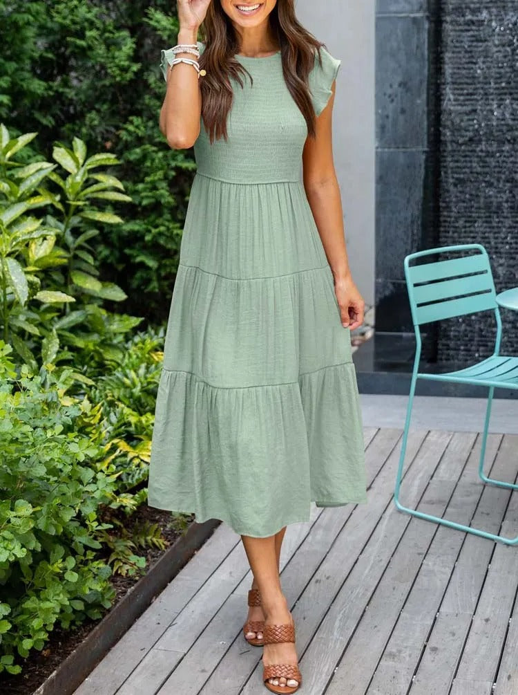 GR | Elegant pleated layered dress with short sleeves