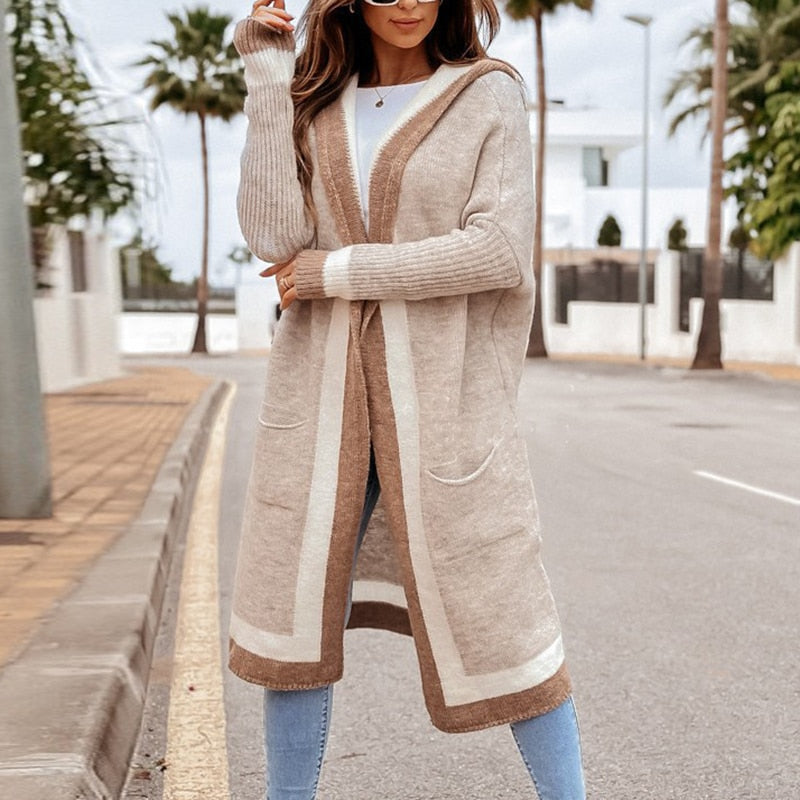 GR Cardigan | Beige long knit cardigan with hood