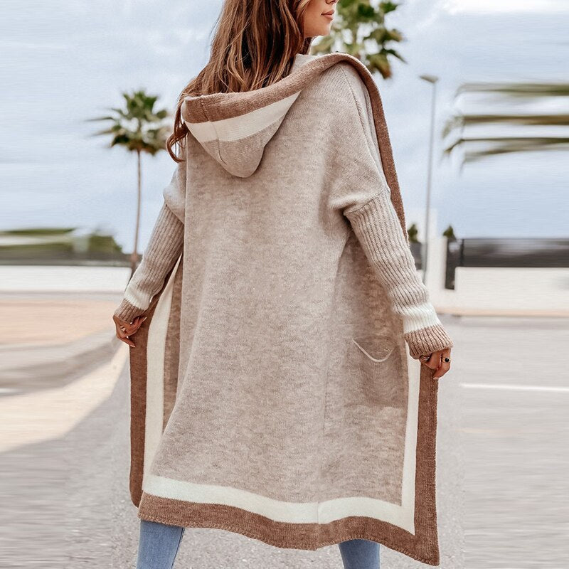 GR Cardigan | Beige long knit cardigan with hood