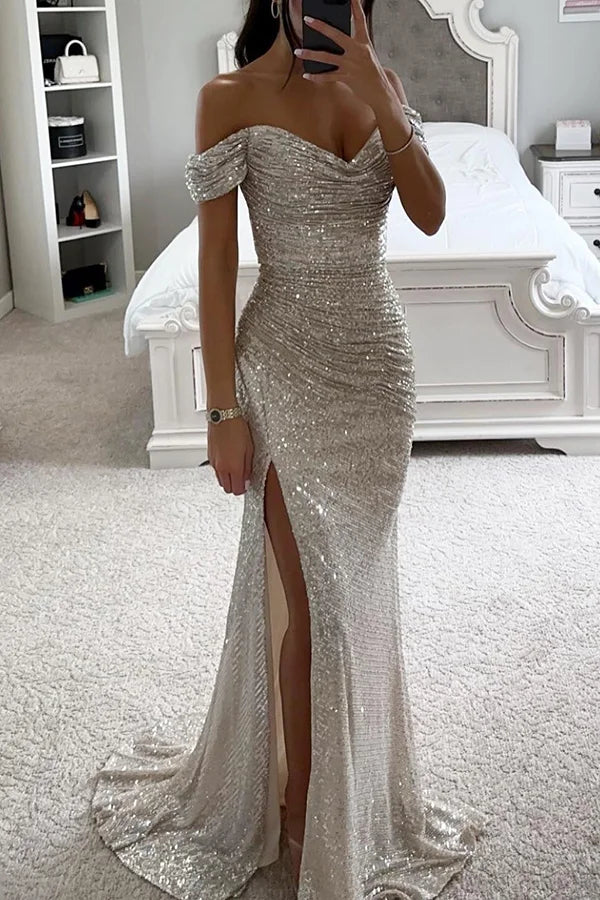 GR | Sequin Off-Shoulder Ruched Slit Evening Maxi Dress 