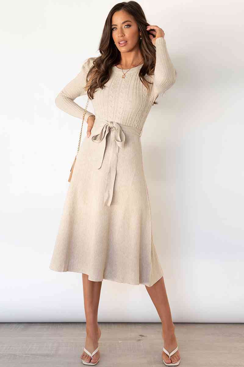 GR | Round Neck Long Sleeve Knot Waist Sweater Dress