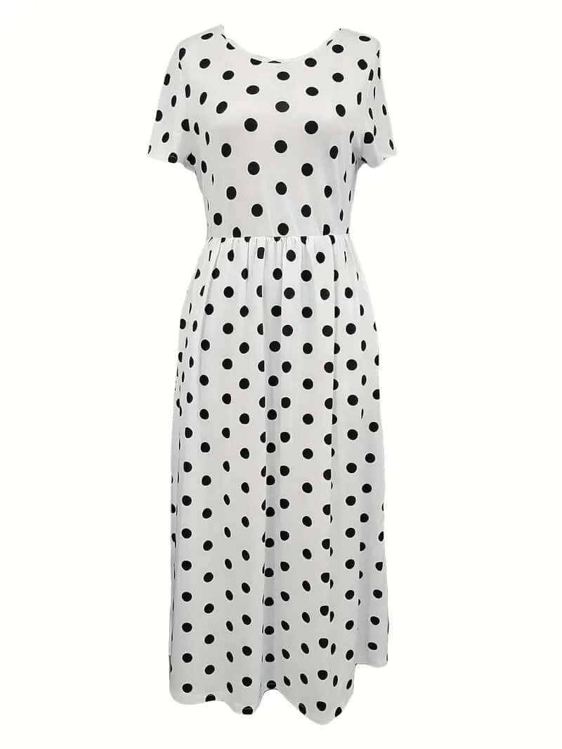 GR | Airy, short-sleeved, polka-dotted dress with a round neckline