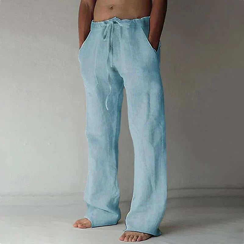 GR | Wide-leg trousers, breathable linen, relaxed fit, drawstring waistband, full length