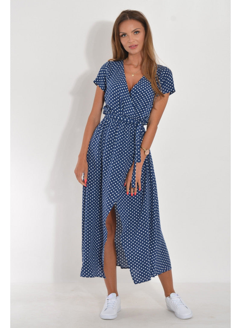 Polka dot maxi dress – Airy dress with V-neck, tie belt & slit 