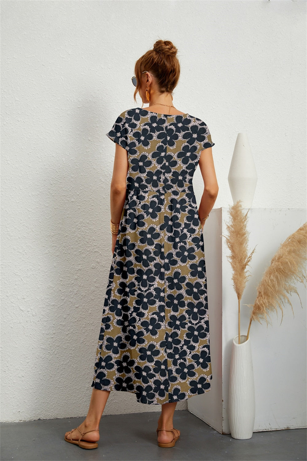 GR | Fließendes Geblümtes Midikleid Für Frauen