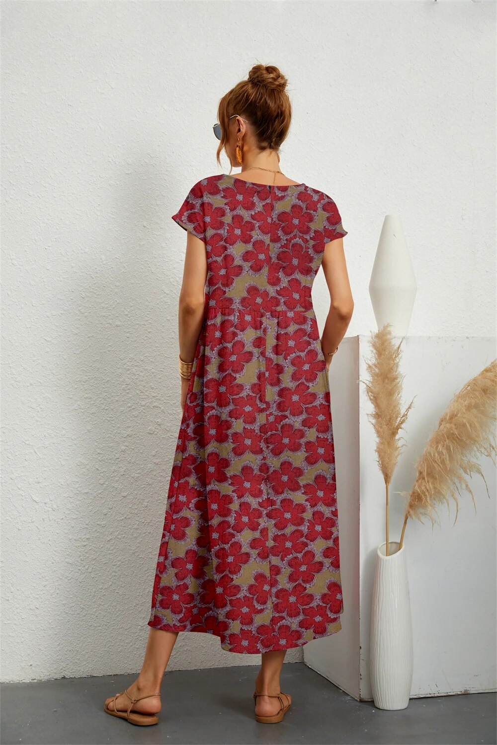 GR | Fließendes Geblümtes Midikleid Für Frauen