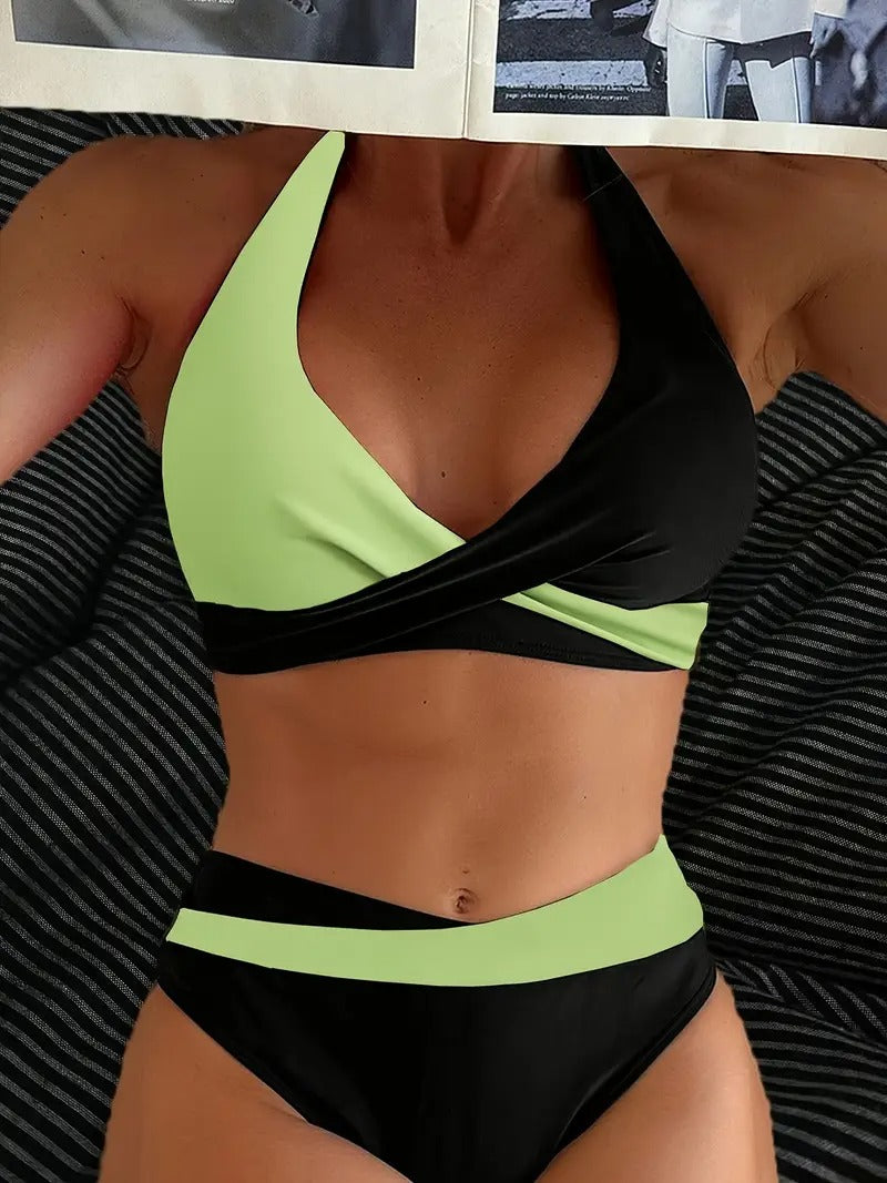 GR | Colorblock halter bikini set for women