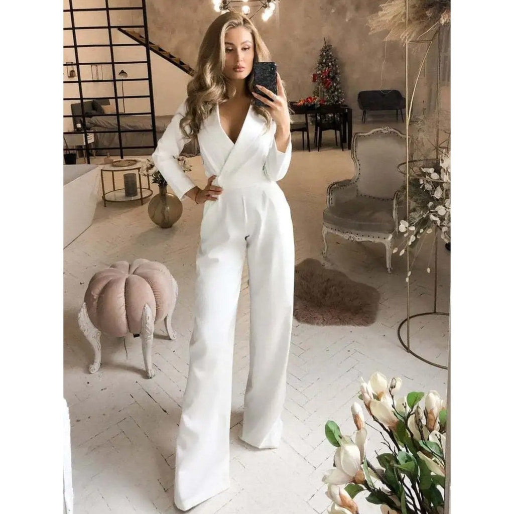 GR | Elegant White V-Neck Jumpsuit for Women