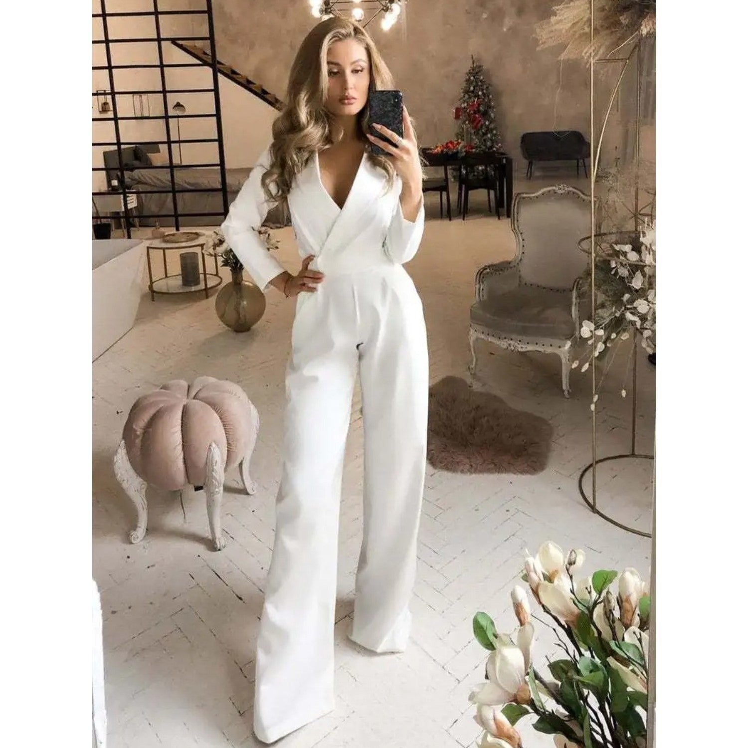 GR | Elegant White V-Neck Jumpsuit for Women