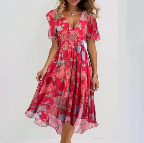 GR | Blumen V-Ausschnitt Kleid mit Fließendem Rock für Frauen