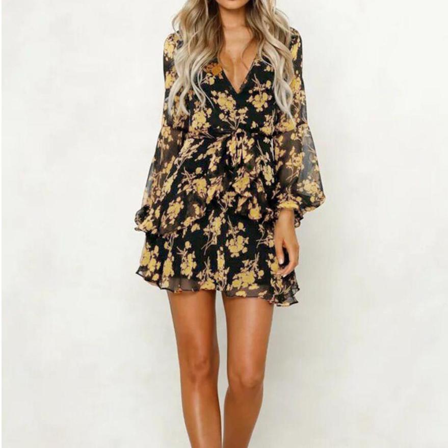 GR | Dress Floral Leaf Print Lantern Sleeve Empire