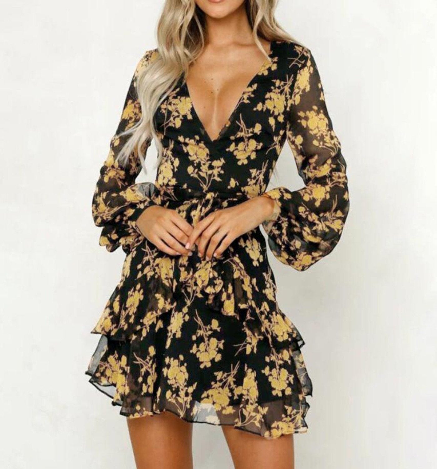 GR | Dress Floral Leaf Print Lantern Sleeve Empire
