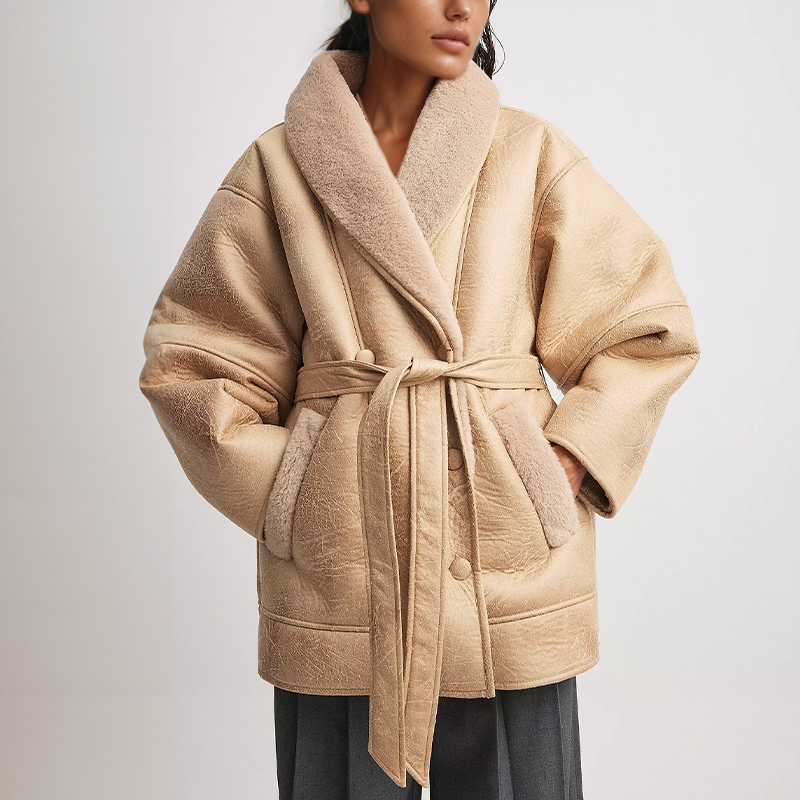 GR | Sherpa-lined faux leather jacket with belt