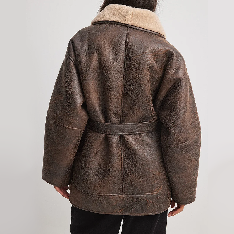GR | Sherpa-lined faux leather jacket with belt