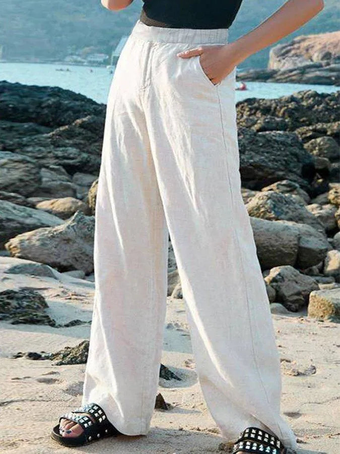 GR | Wide-leg trousers 100% linen Elastic waistband Breathable lightweight fabric
