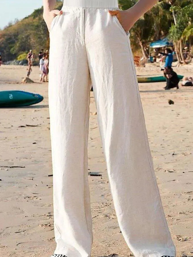 GR | Wide-leg trousers 100% linen Elastic waistband Breathable lightweight fabric