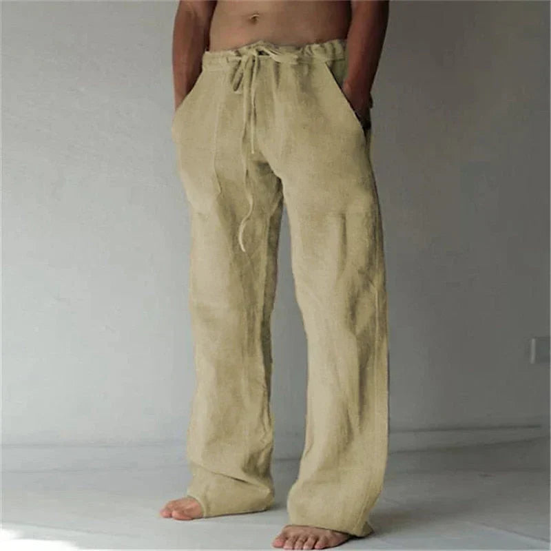 GR | Wide-leg trousers, breathable linen, relaxed fit, drawstring waistband, full length