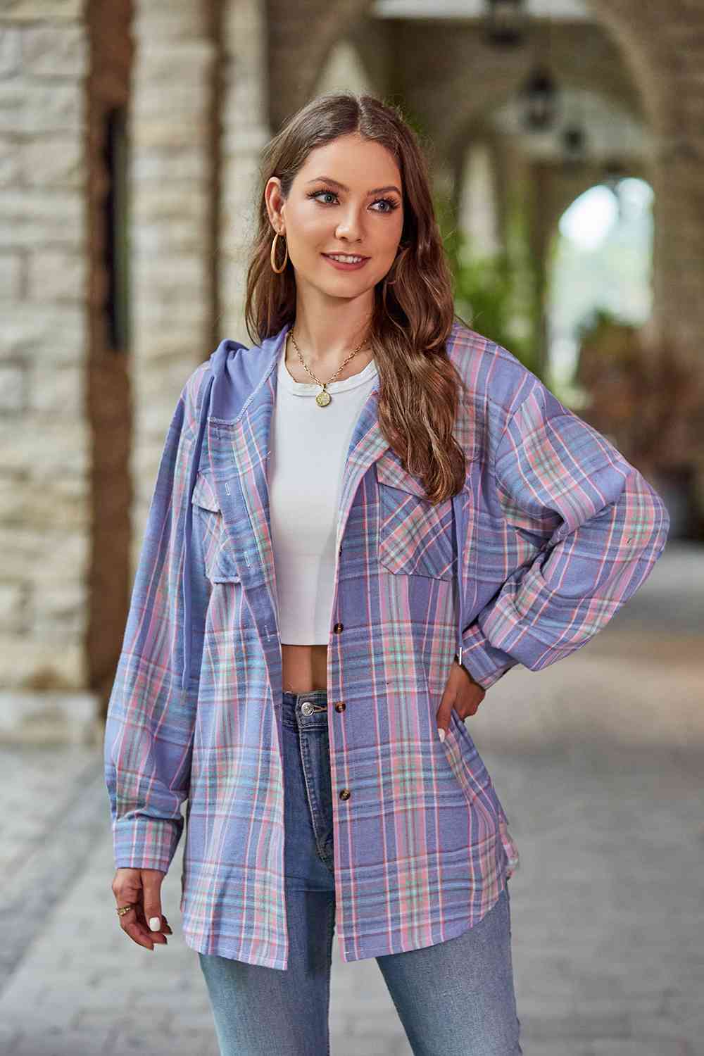 GR | Checkered long-sleeved hooded jacket