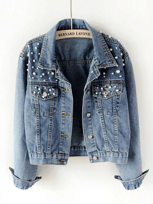 GR | Casual denim jacket with pearls for women