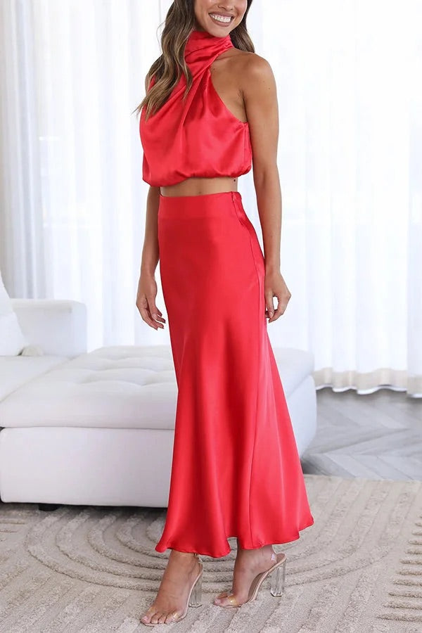GR | Such a mood High-necked satin draped maxi skirt set 