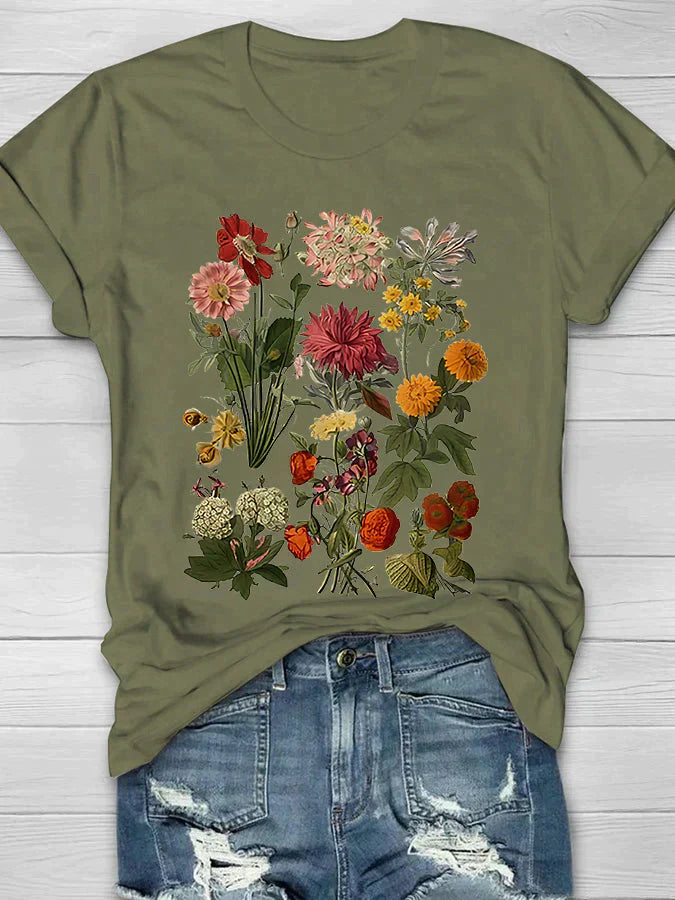GR | Weinlese Blumen T-shirt Retro Stil Für Lässige Chic