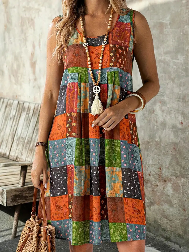 GR | Boho Patchwork Sleeveless Swing Dress