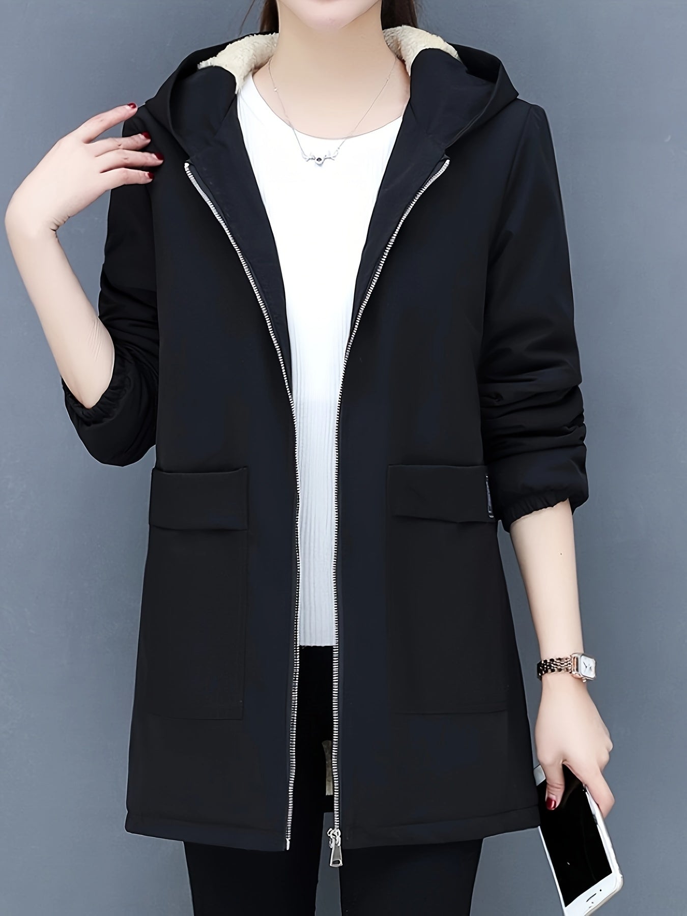 GR | Kapuzenmantel für Damen - schwarze Freizeitjacke