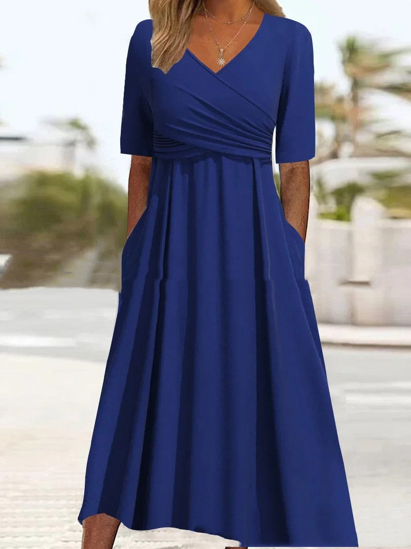 GR | Blaues, Schlichtes Midikleid Mit V-ausschnitt