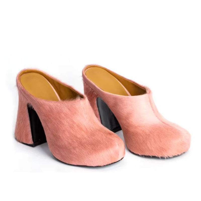 GR | Closed Toe Horsehair Chunky Heel Waterproof Platform Slippers