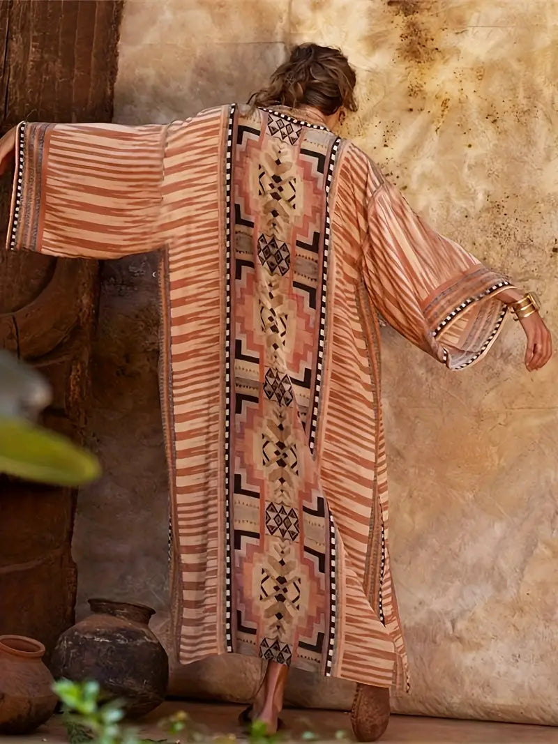 GR | Boho Plus Size Kimono with Tie Belt Maxi Tunic