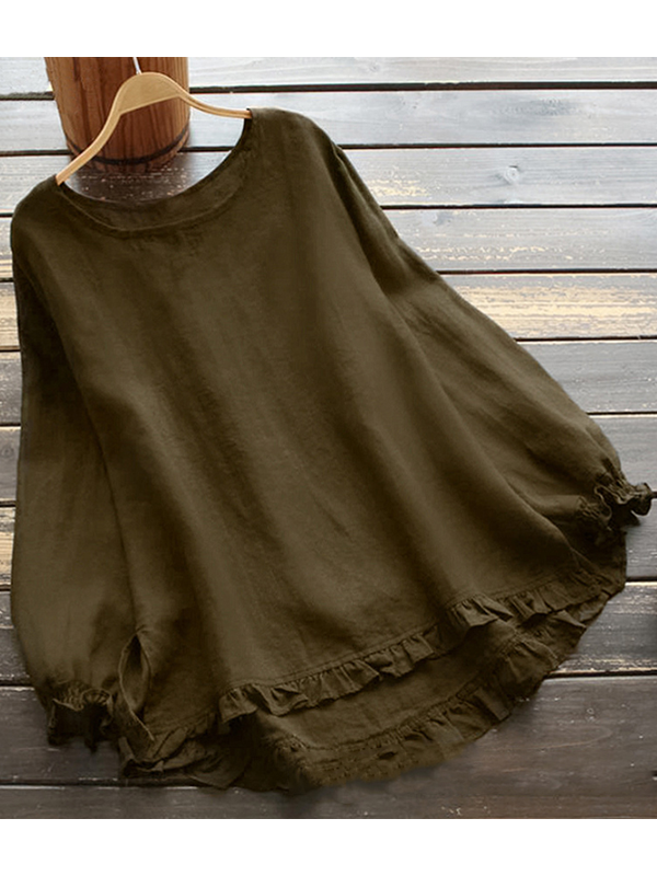 GR | O-neck Solid color Long sleeves Ruffled Linen Tops