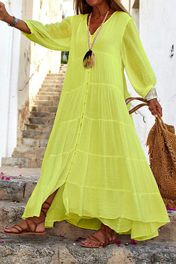 GR | Seraphina Cotton-Linen Blend Button-Up Tiered Maxi Dress