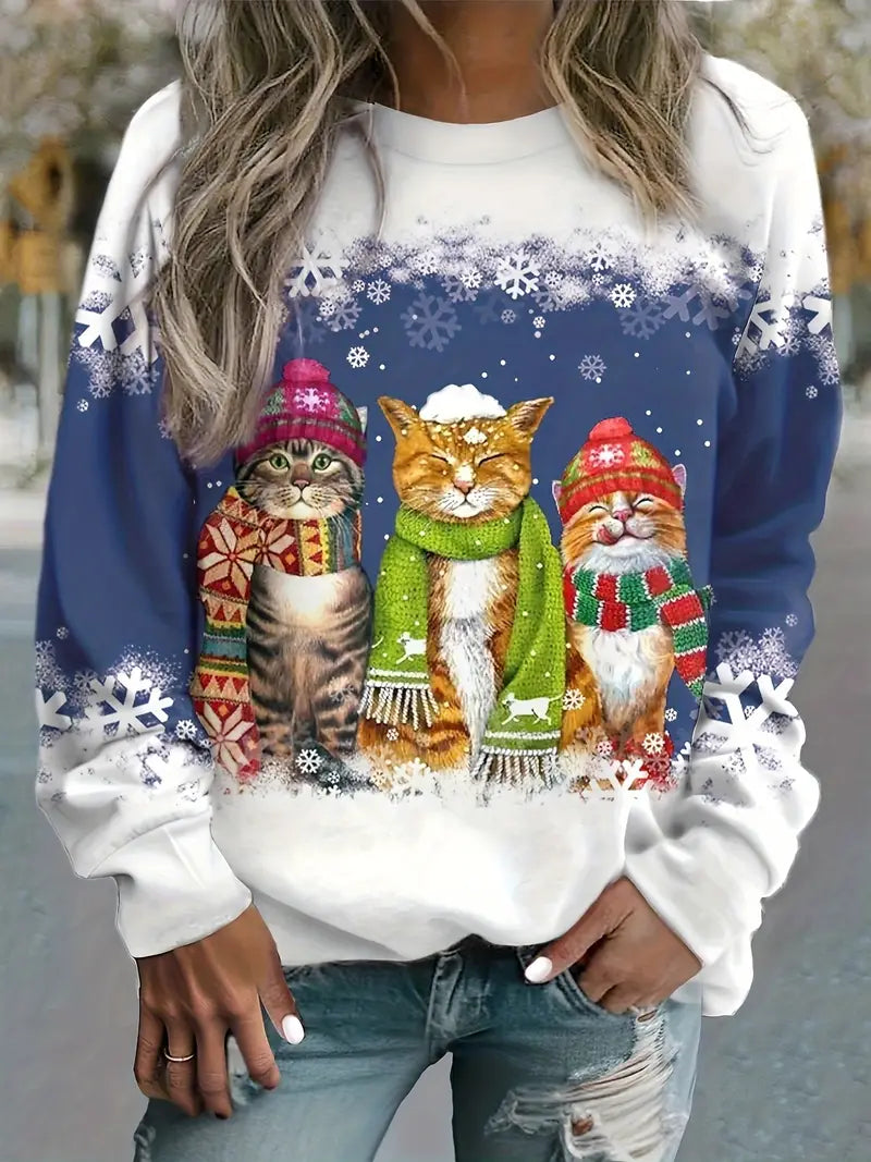 GR | Christmas Sweater with Cat Print for Women