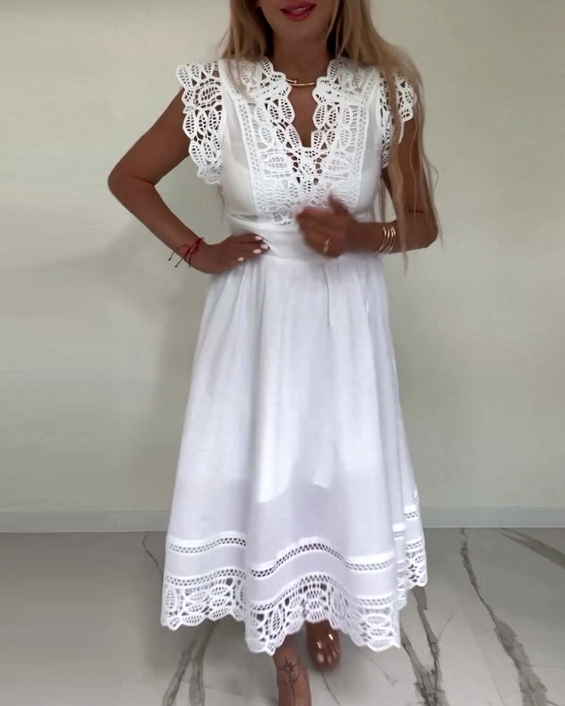 GR | Elegantes Ärmelloses Kleid aus Einfarbiger Spitze mit V-Ausschnitt