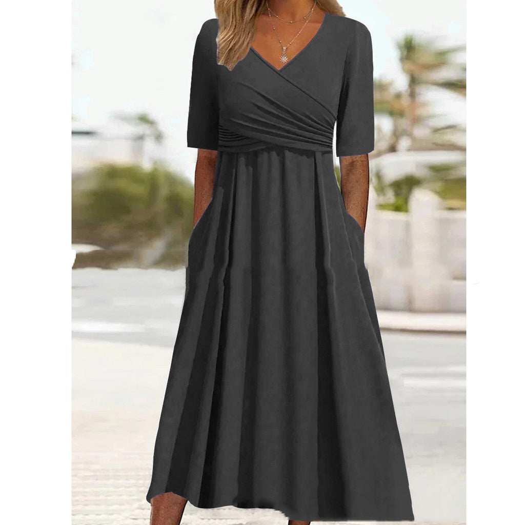 GR | Blaues, Schlichtes Midikleid Mit V-ausschnitt