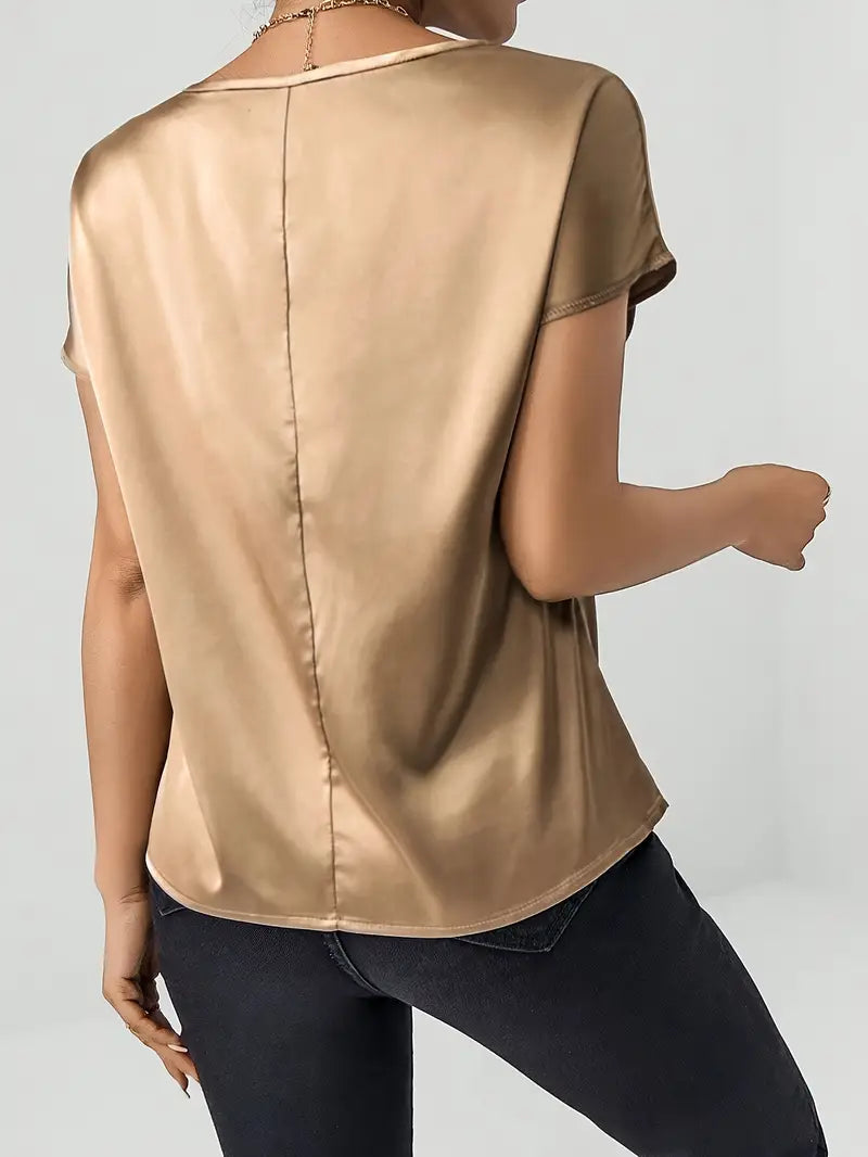 Women's satin T-shirt with an elegant waterfall neckline and simple details, size S