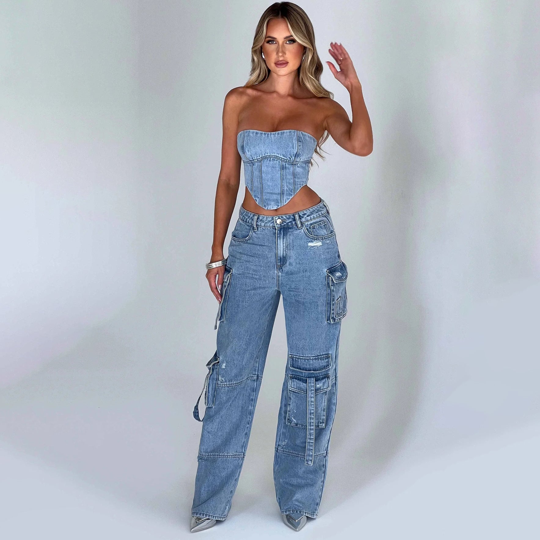 GR | Denim Suits Summer Sexy Back Cutout Tube Top and Multiple Pockets Straight Trousers Fashion Long Trousers Suit Women's Clothing
