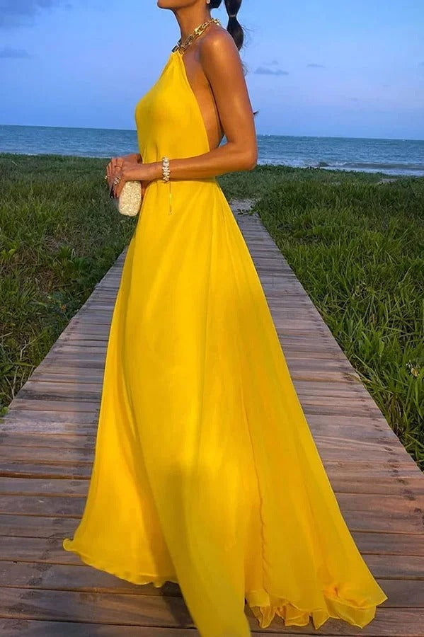 GR | Sunny In Santorini Chain Halter Backless A-Line Holiday Maxi Dress