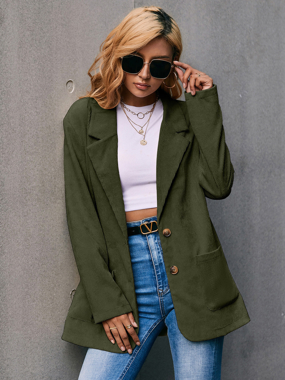 GR | Corduroy Long-Sleeve Longline Blazer with Pockets