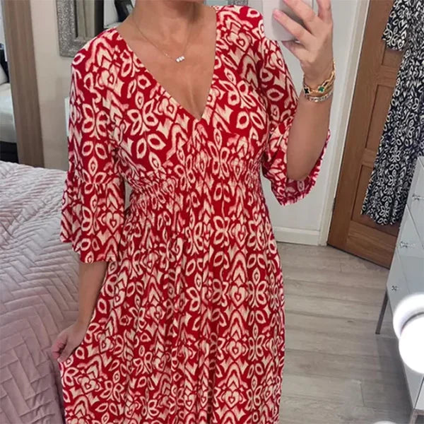 GR | Long, loose dress with V-neck and drawstring belt