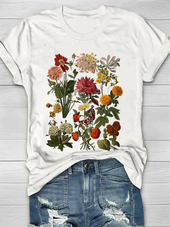 GR | Weinlese Blumen T-shirt Retro Stil Für Lässige Chic