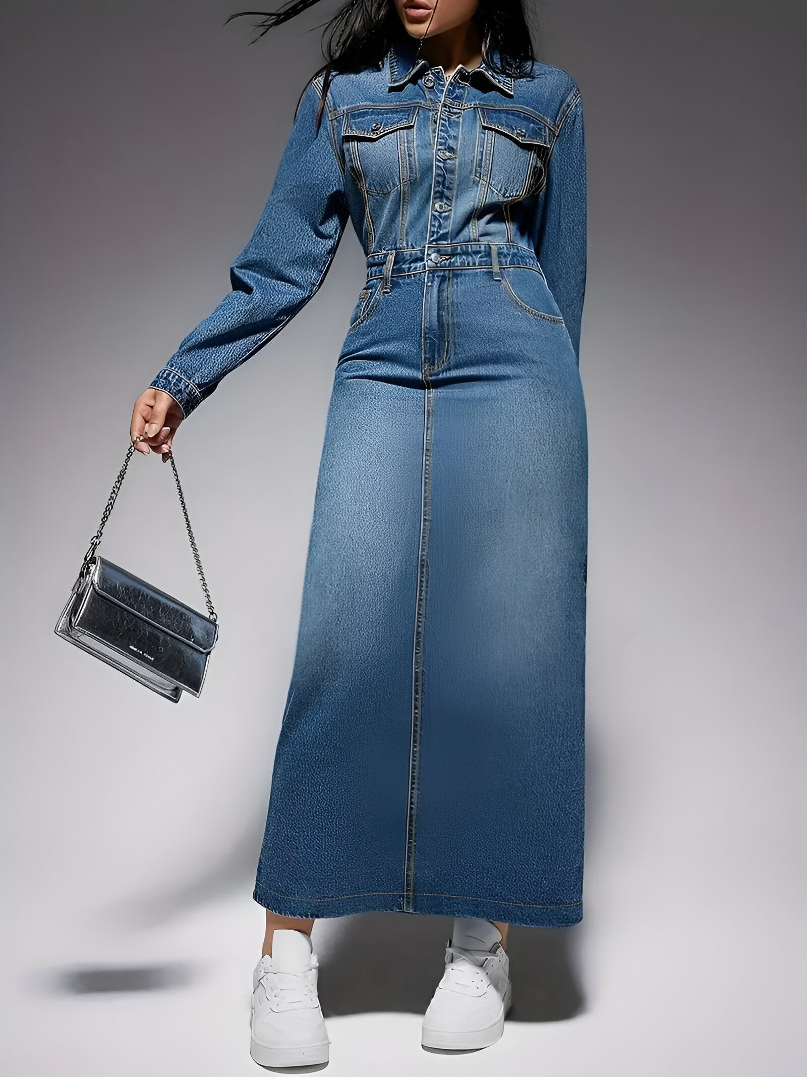 GR | Elegant denim dress with long sleeves