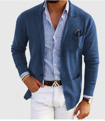 GR | Men's Cardigan with Casual Buttons, Pockets and Notched Collar, Solid Color, Long Sleeves
