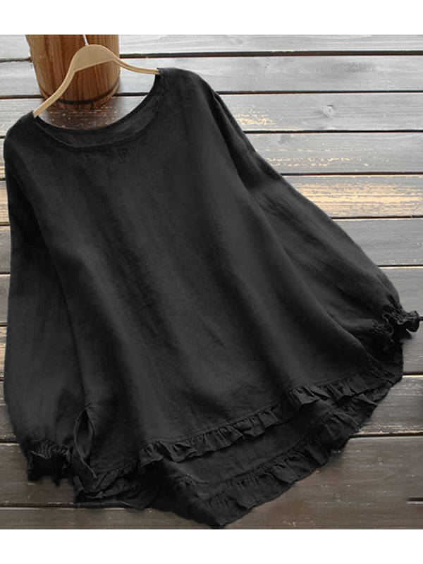 GR | O-neck Solid color Long sleeves Ruffled Linen Tops