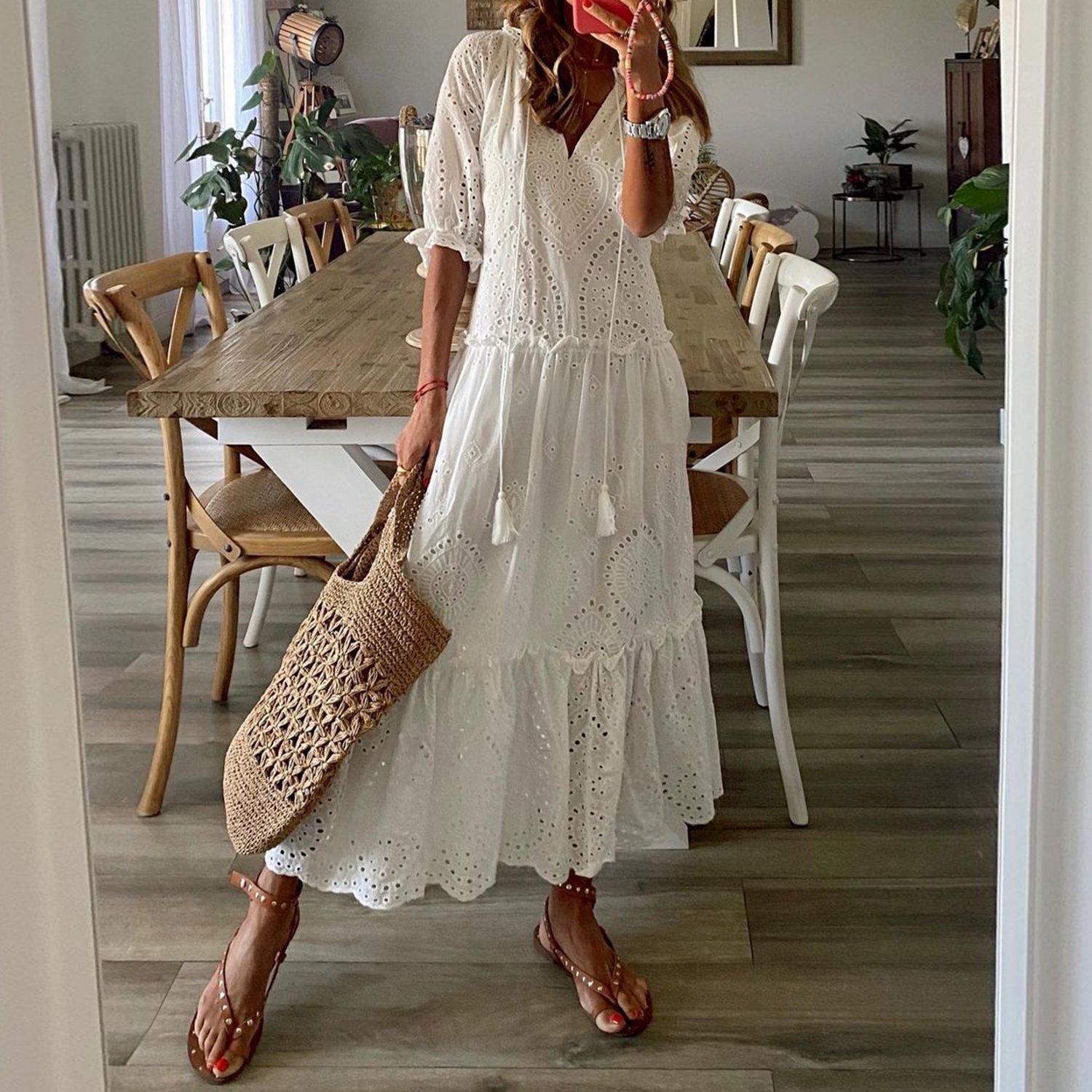 GR | Romantic White Short-Sleeve Maxi Dress
