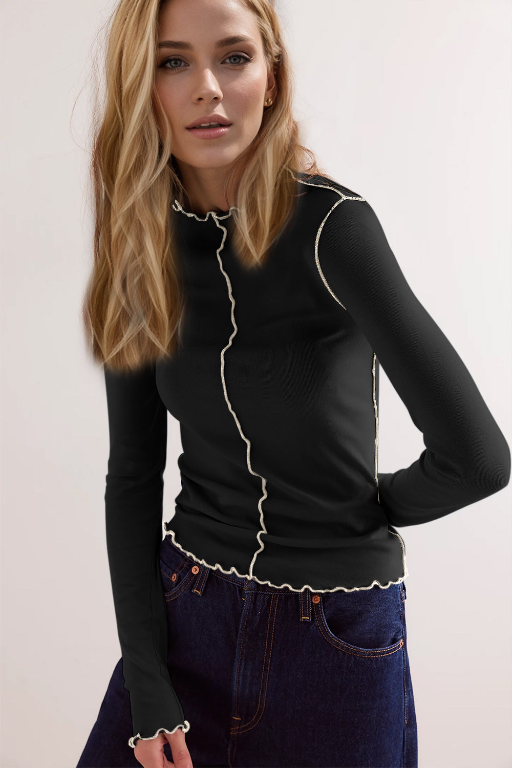 GR | Basic Bae Kontrastbesatz Mock Neck Langarm T-Shirt