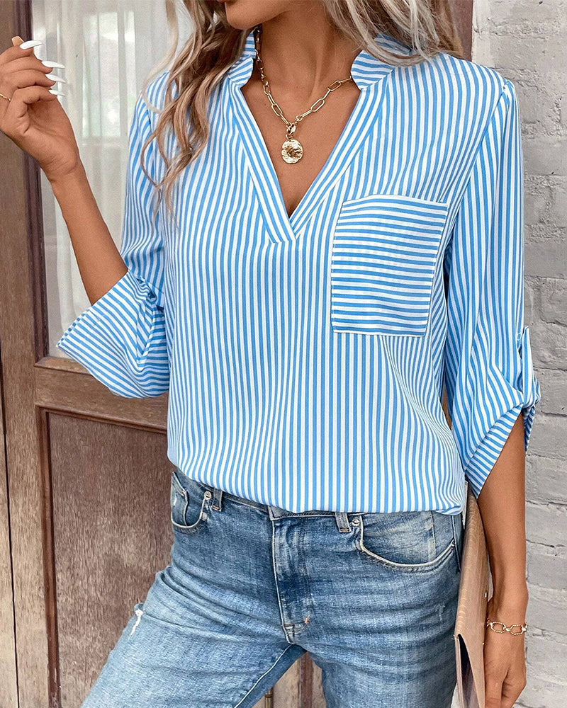 GR | striped shirt with V-neck and chest pocket