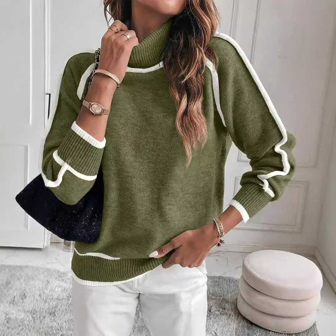 GR | Damen Rollkragenpullover mit kontrastierenden Nähten - lässiger Oversized-Pullover