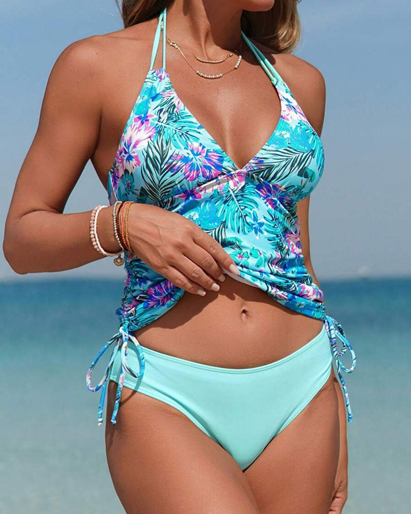GR | Two-piece tankini with floral pattern, halter neck, triangle