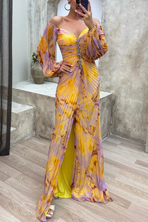 GR | Sunset Serenade Printed Off-Shoulder Maxi Dress with Diamond Embellishments and Pleated Skirts with Slits